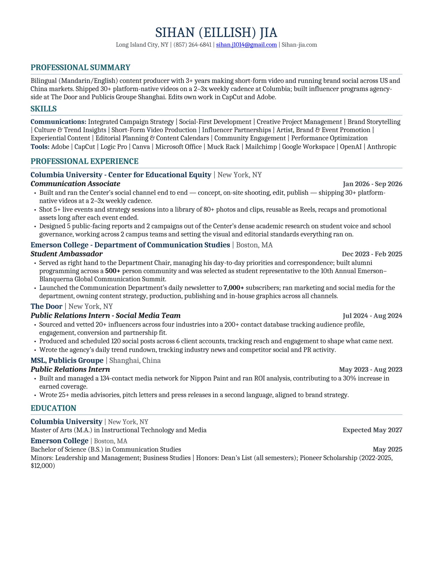 Resume of Sihan (Eillish) Jia