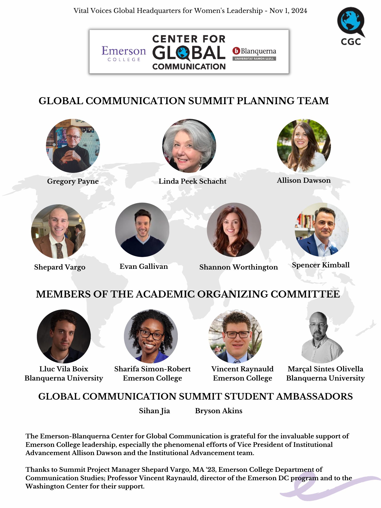 Official program page showing the Global Communication Summit planning team and student ambassadors