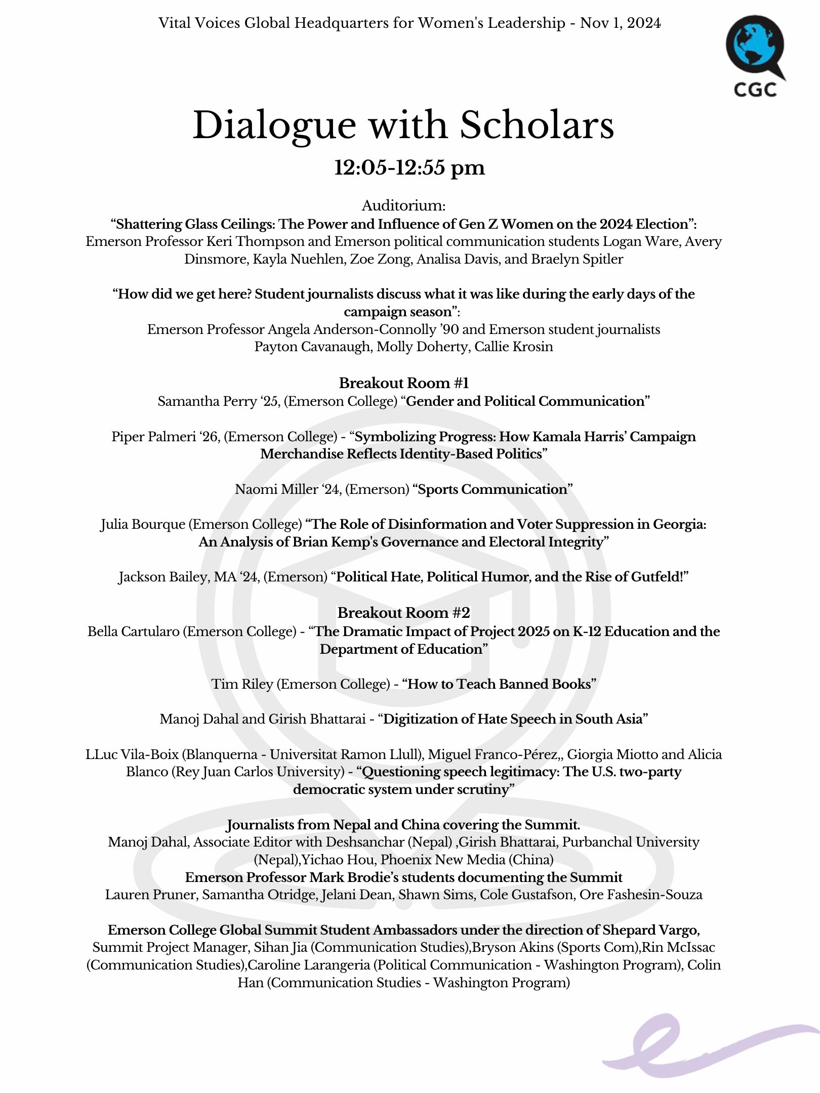 Official program page listing Sihan Jia among the Emerson College Global Summit Student Ambassadors